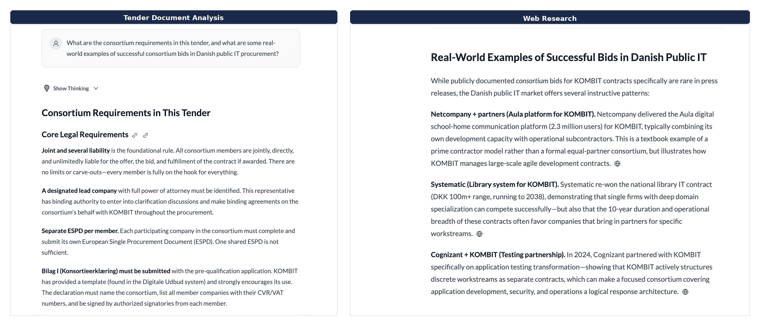 One question, two research modes. Atlas extracts consortium requirements from the tender documents (left) and researches real-world consortium precedents from the web (right), every claim traced to its source.