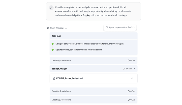 One instruction: 'Provide a complete tender analysis.' Atlas delegates to a specialist subagent, analyses the full tender package, and delivers a structured briefing document in under 8 minutes.