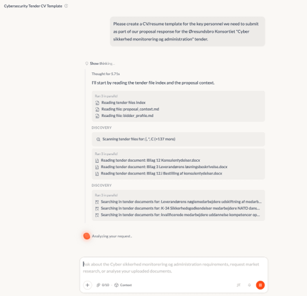 Figure 1. Atlas reads the tender file index, the proposal context and the bidder profile, then the annexes on consultant services, and searches them for rules on key staff, security clearance and qualifications.