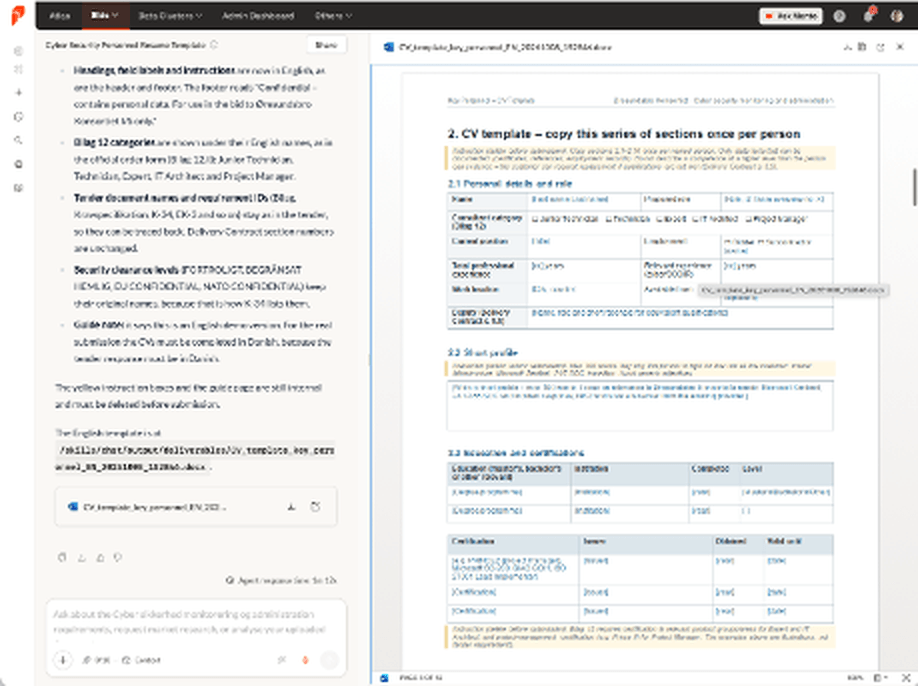 Figure 2. The finished template next to the agent's summary of what it kept from the tender and why.